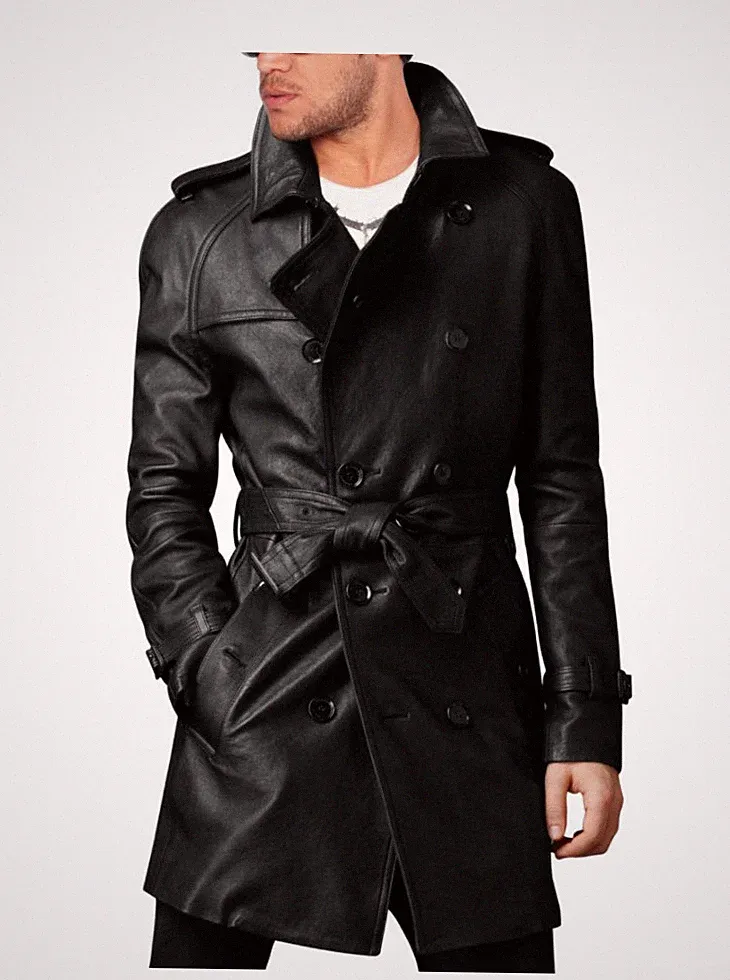 STYLISCHER SCHWARZER LANGER HERRENMANTEL MIT GÜRTEL LEDER TRENCHCOAT ERBSENMANTEL - NEU MIT ETIKETT