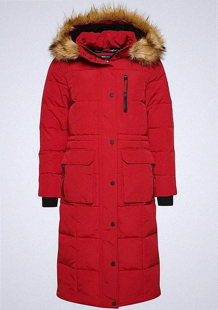Superdry Damen Daunenmantel rot lang mit Fellkapuze, Reißverschluss, Größe M