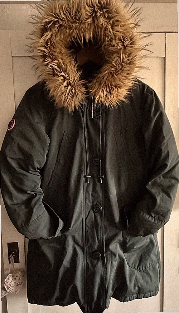 Superdry Daunen Parka Damen Jacke Mantel Daunenmantel Kapuze Fell schwarz 38 M