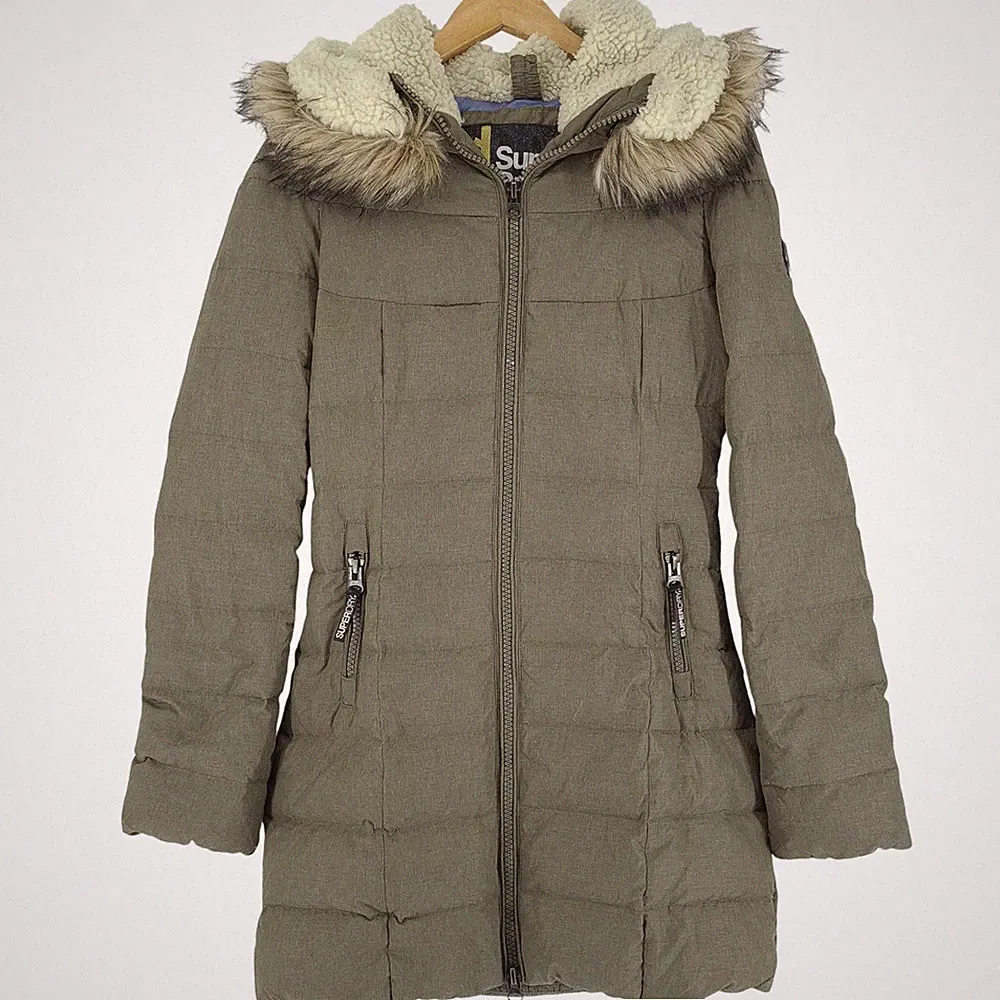 Superdry Daunenmantel Damen Lang Steppjacke Grau Kapuze Vk1 Größe XS