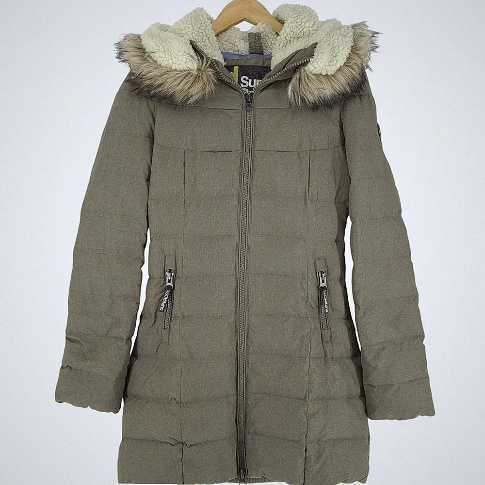 Superdry Daunenmantel Jacke Damen Lang Gesteppt Grau Mit Kapuze Ug5 Größe XS