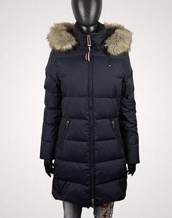 Tommy Hilfiger Damen Daunenjacke S Parka Blau Gänsedaunen Kapuze Fell Coat