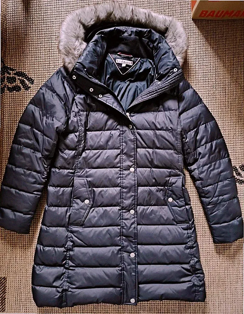 Tommy Hilfiger Damen Daunenmantel Dunkelblau Lang Stepp Kapuze Kunstfell Gr. M