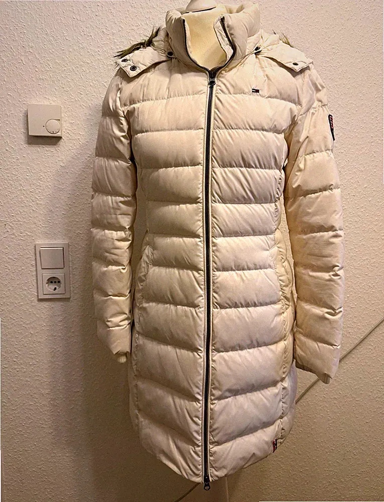 Tommy Hilfiger Damen Daunenmantel Jacke gesteppt lang Kapuze Fellbesatz weiß M