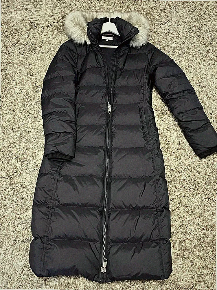 Tommy Hilfiger Damen Daunenmantel Lang Schwarz Kapuze Fellbesatz Gr. XS
