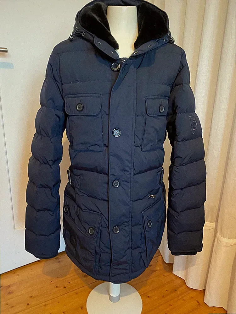 Tommy Hilfiger Daunen Mantel blau Taschen Kapuze Gr, L - top Zustand