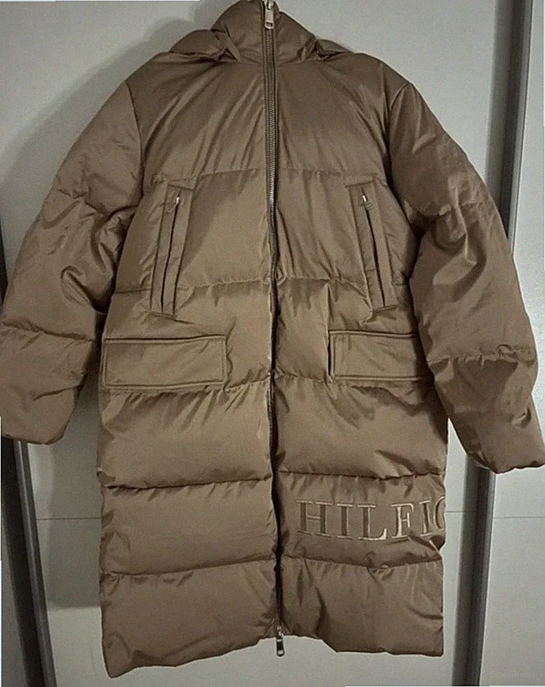 Tommy Hilfiger Daunenmantel Herren M Beige Lang Kapuze Polyester Winter