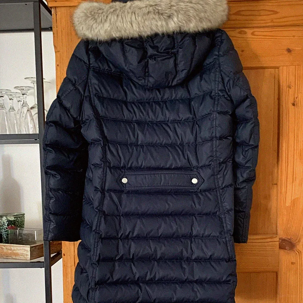 Tommy Hilfiger Daunenmantel Steppmantel Damen XL Blau Kapuze Fellbesatz lang