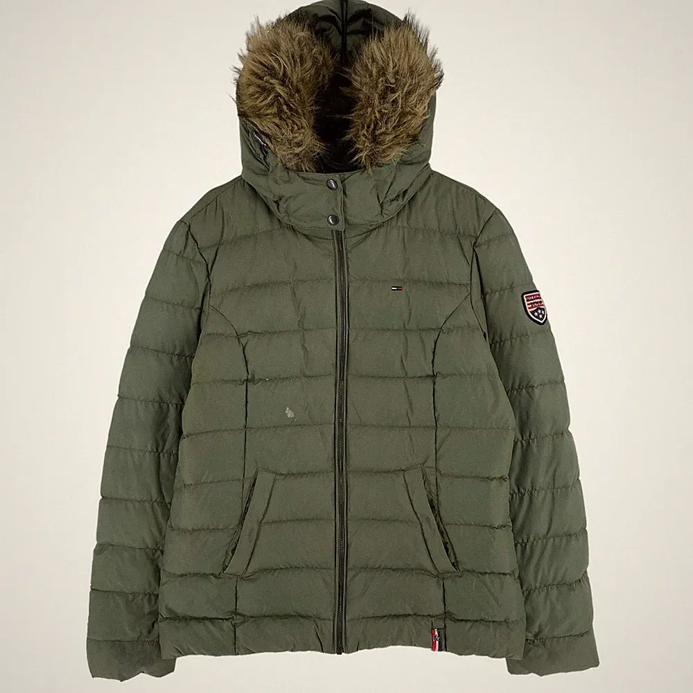 TOMMY HILFIGER DENIM Grüne Kapuzen-Daunen-Steppjacke Mantel Größe L