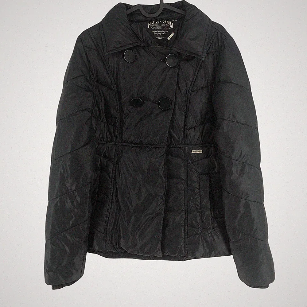 Tommy Hilfiger Dunkelgraue Daunen Wattierte Pufferjacke Mantel Kurz Größe S
