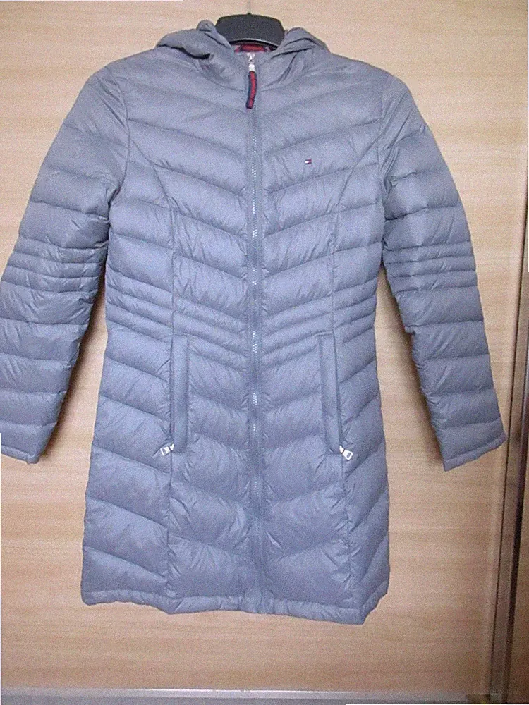 TOMMY HILFIGER gesteppter Daunenmantel / Long-Jacke Damen Gr. XS Kapuze leicht