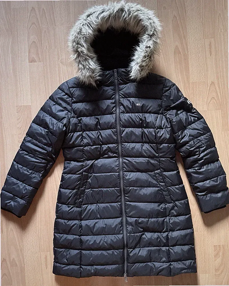 Tommy Jeans Damen Daunenmantel, Kunstfellbesatz, Schwarz, Größe XL (42), Kapuze