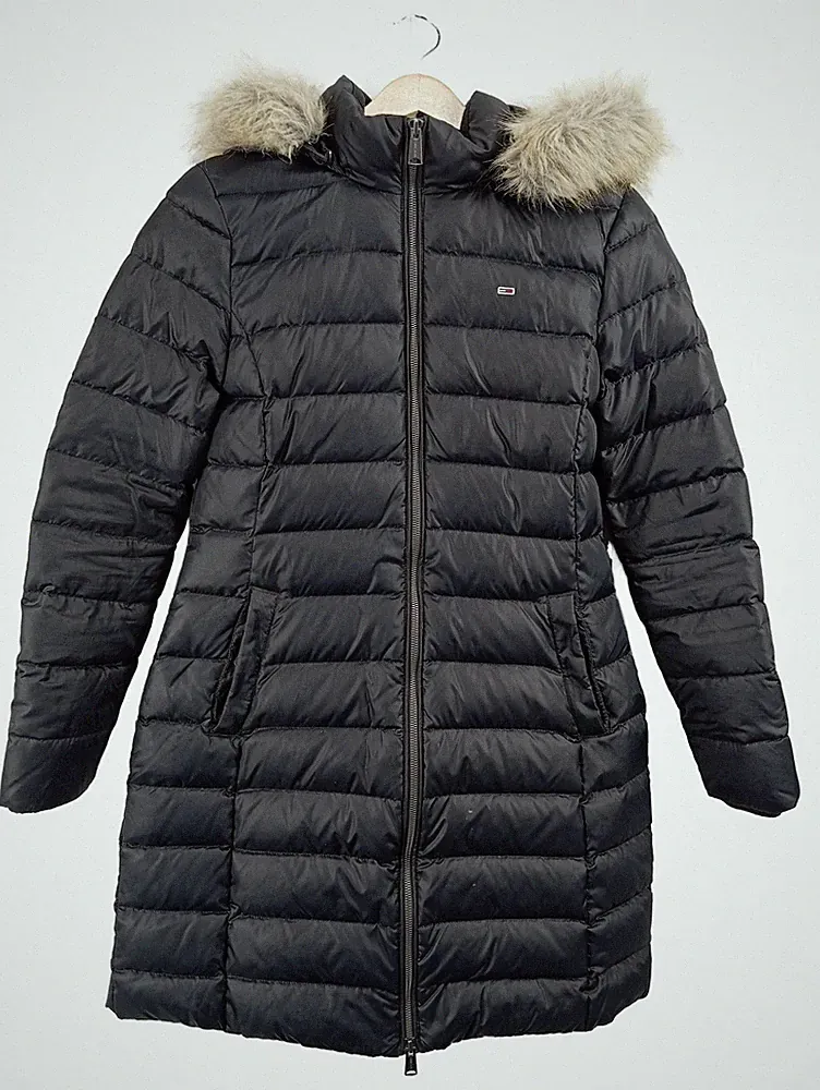 Tommy Jeans Damen Steppmantel Daunenmantel Kapuze Fellbesatz Schwarz Gr. M