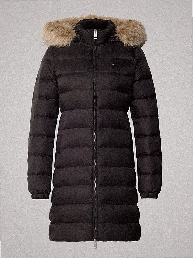 Tommy Jeans Slim Fit Steppmantel Jacke Daunen Feder Füllung Kapuze Schwarz Gr.XS