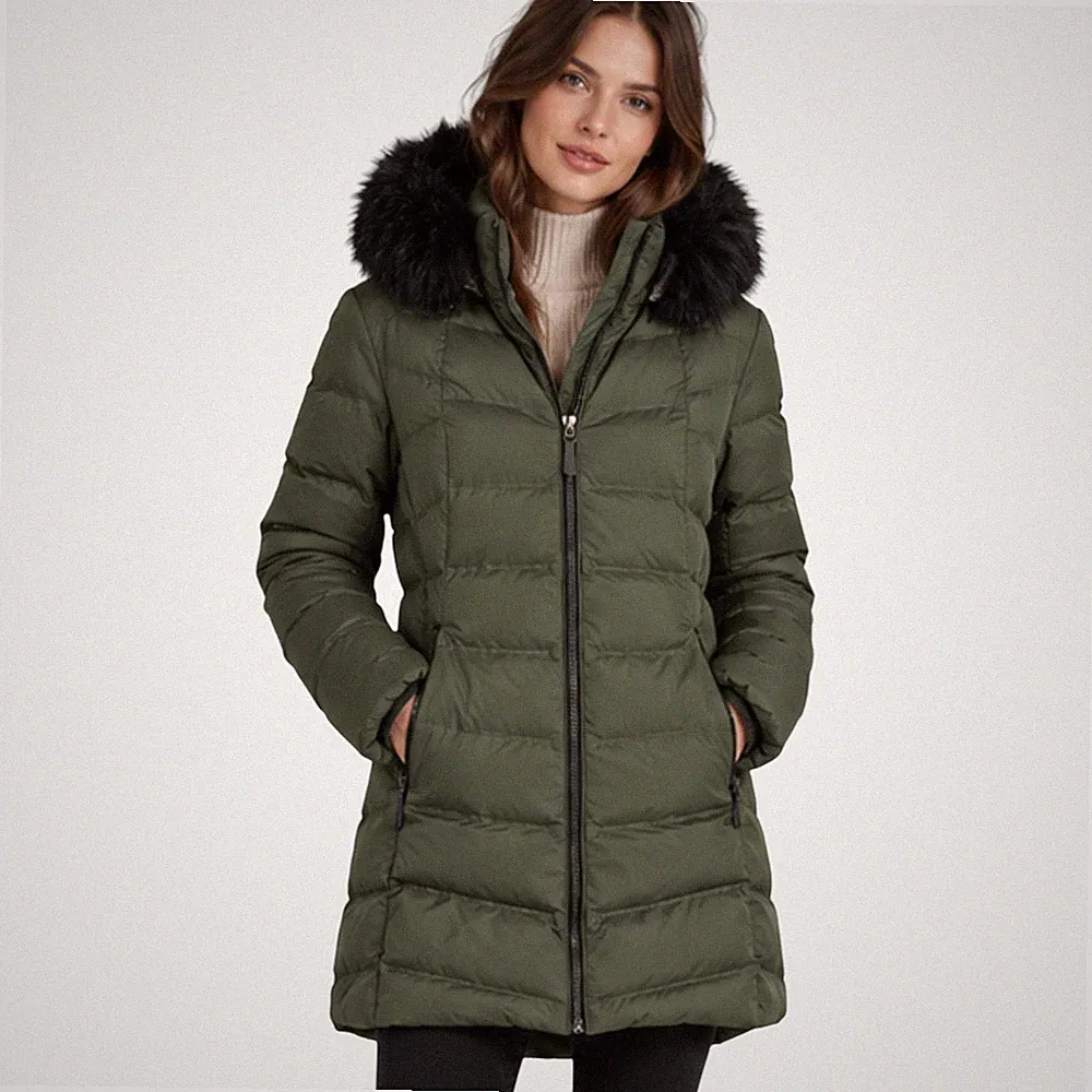 TOYG Damen Daunenmantel Gr. "L" Grün/Khaki mit Fellkapuze – Neu mit Etikett