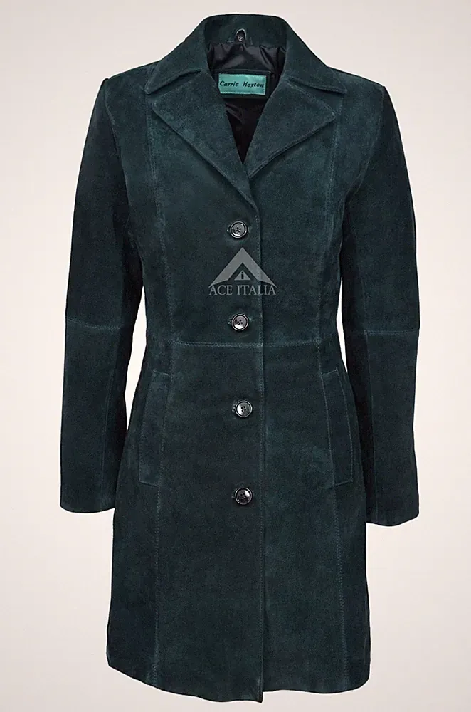 TRENCH Damen Echt Wildleder Ledermantel Navy Klassisch Knielang Designer Mantel 3457