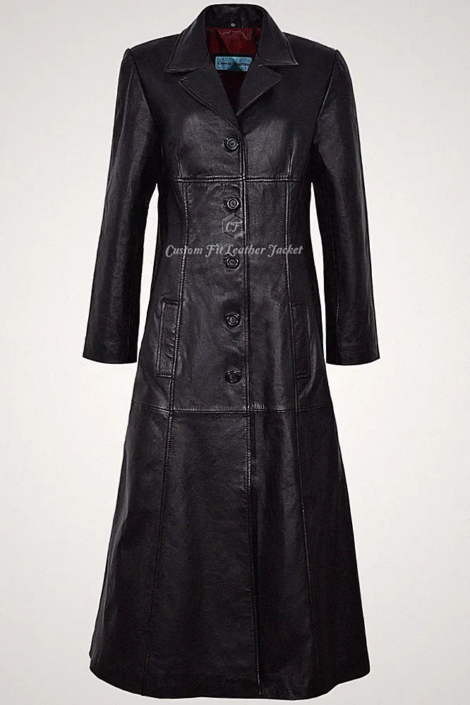 TRENCH Damen schwarzer Ledermantel mit rotem Futter durchgehend Gothic Style 298