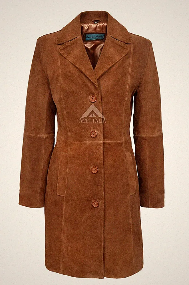 TRENCH hellbrauner klassischer knielanger Designer Echt Wildleder Ledermantel 3457