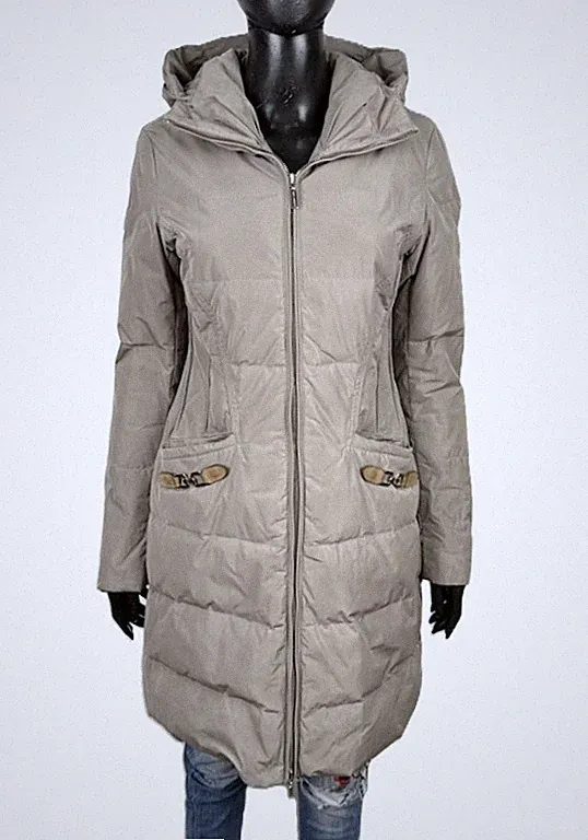 Trussardi Jeans Daunenjacke Damen 42 Gänsedaunen lang beige Kapuze Winter