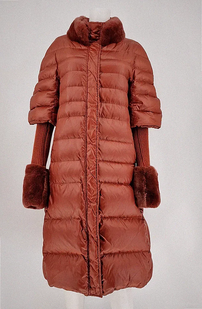 Twinset Daunenmantel mit Armstulpen & Echtpelz in rotorange, Größe 38