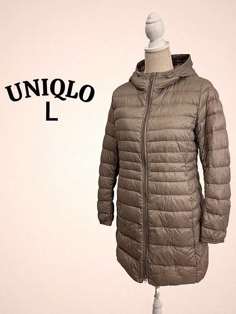 UNIQLO beige lange ultraleichte Daunenjacke mit Kapuze Damen gebraucht
