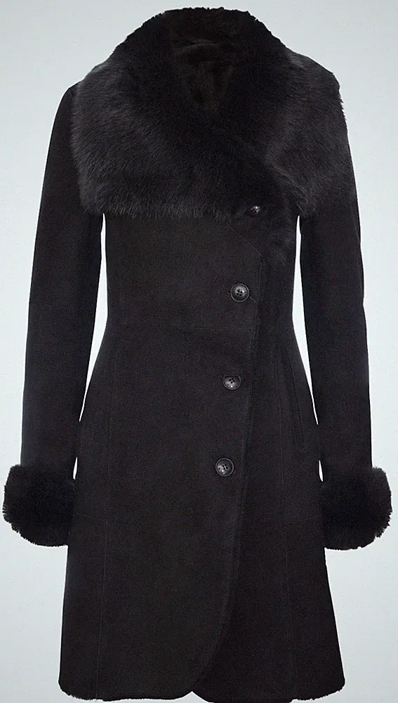 Warmer schwarzer Damen Wildleder Merino Lammfell Lammfell Mantel mit Toscana Kragen