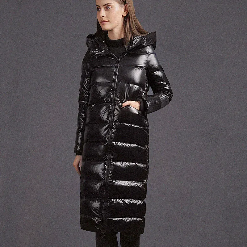 Winter Daunen Jacke langer Mantel Daunenjacke Daunenmantel Kapuze Schwarz BC922