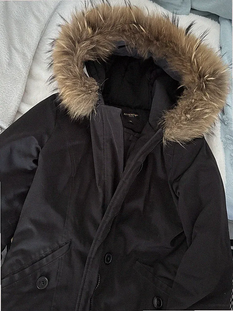 Winterjacke Übergangsjacke Parka Mantel Schwarz Daunenjacke Pelzkragen Kapuze 36