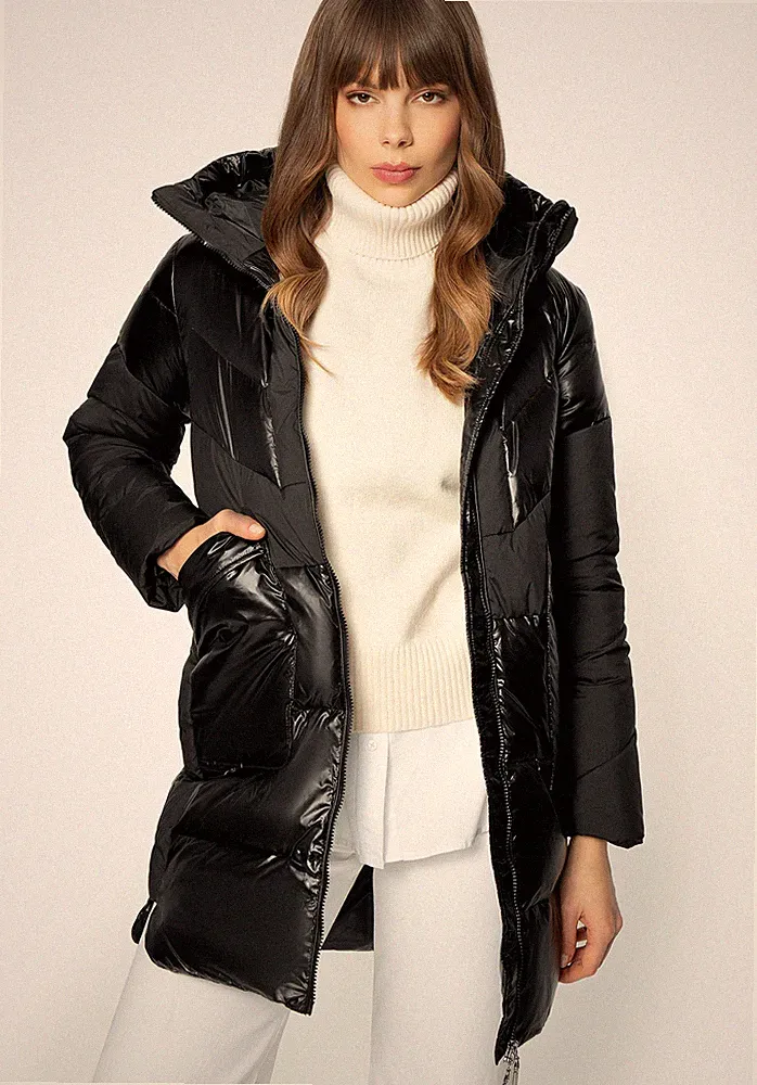 Wittchen Damen-Daunenmantel aus Materialmix mit Kapuze, schwarzes Nylon