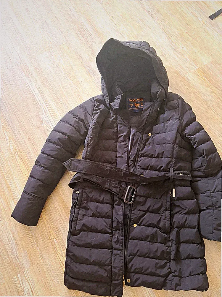 Woolrich Damen Daunenmantel schwarz lang mit Kapuze Gürtel Reißverschluss Gr. S