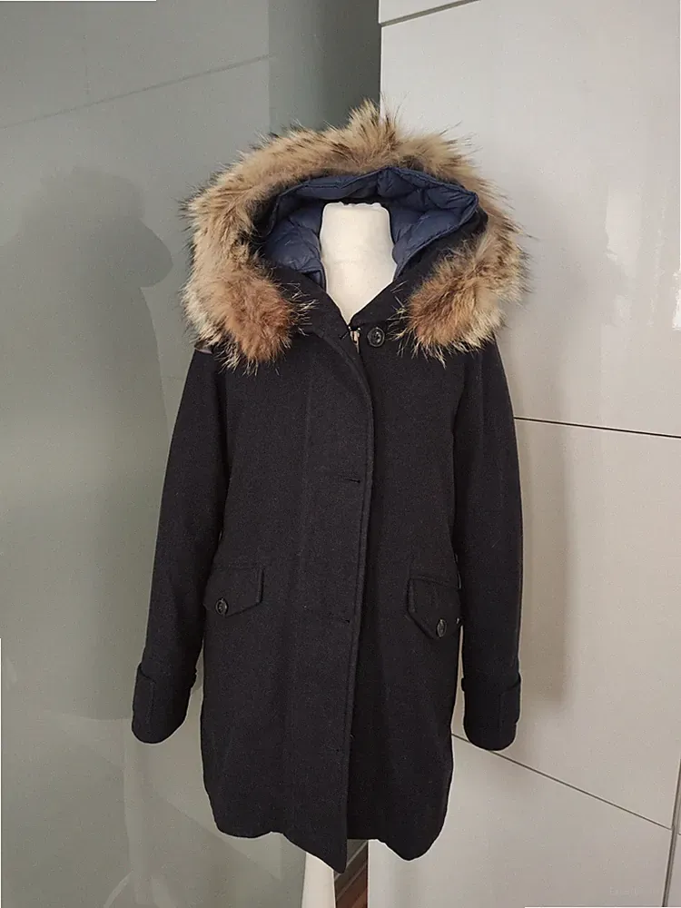 Woolrich Daunenmantel Wollmantel Weste 2 in 1 blau D/36 Echtfell
