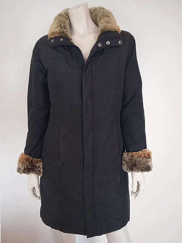 WOOLRICH Parka Daune Mantel 38/40 Schwarz Fell Echtfell Borde Wind Wasserfest
