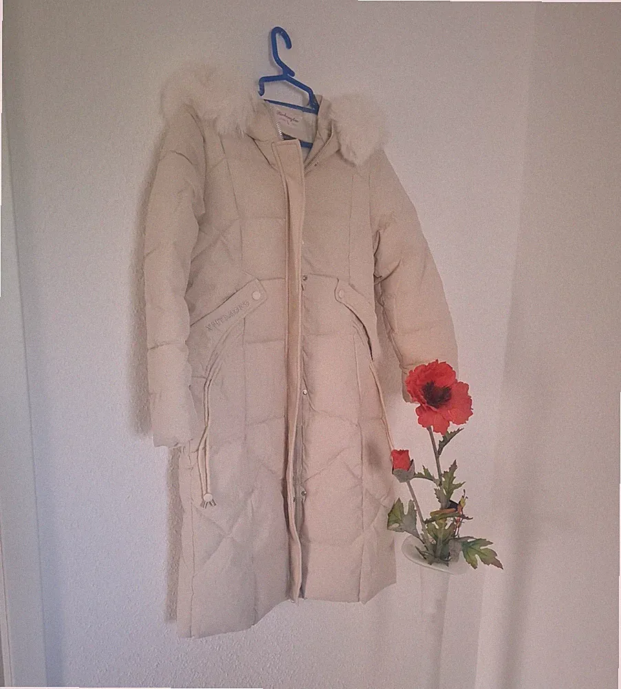Xinhongtaao Damen Steppmantel L Beige Lang mit Kapuze Kunstfellbesatz